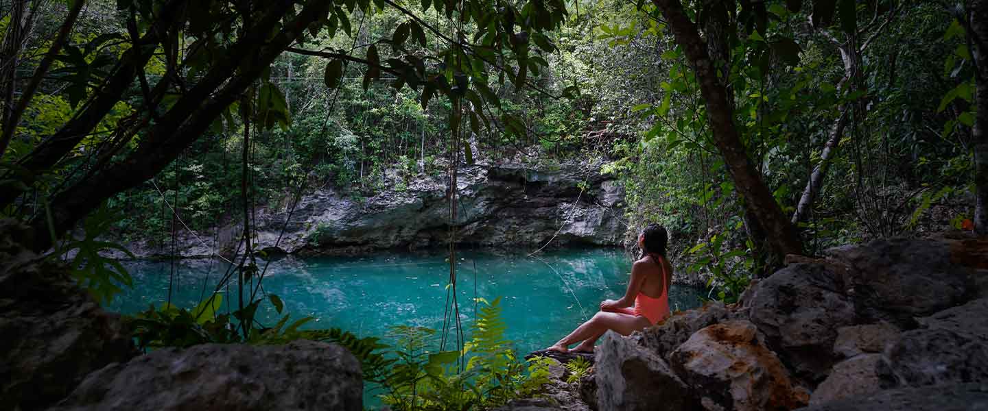 Clear blue cenote surrounded by Riviera Maya jungle