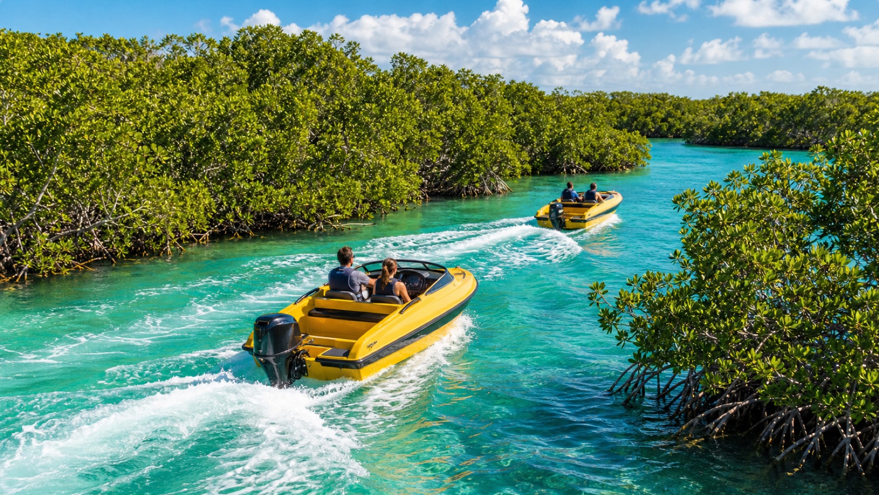 Speedboats crossing Cancun mangrove channels